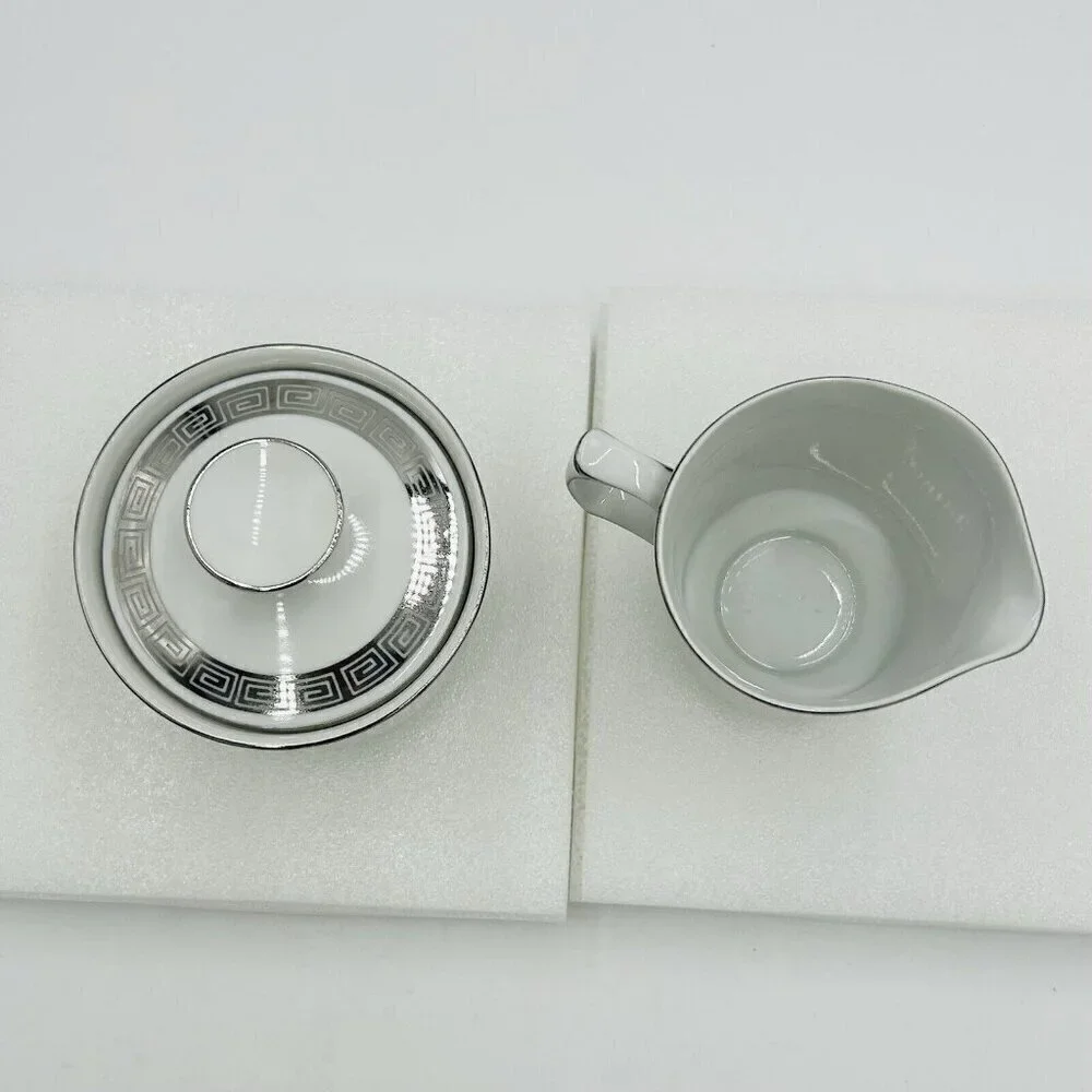 Harmony House Romaic Fine China Cream / Sugar Set Greek Key Platinum Rim 3671
